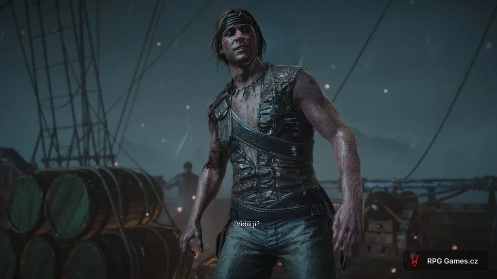 Black Flag Resynced — český dialóg na palube v daždi, replika Vidíš ji?