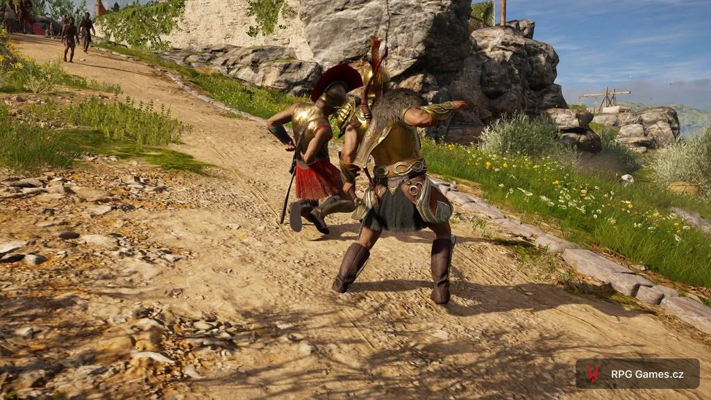 Alexios v boji na blízko se spartským vojákem na cestě, Assassin's Creed Odyssey