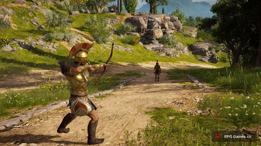 Alexios míří lukem na vojáka na prašné cestě, Assassin's Creed Odyssey