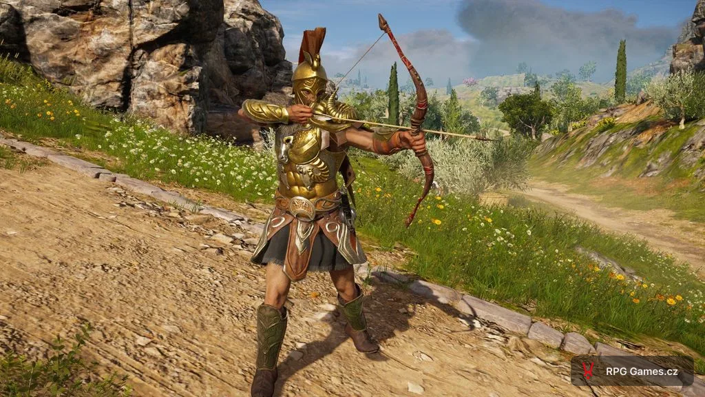 Hrdina míří lukem na cestě v akčním RPG