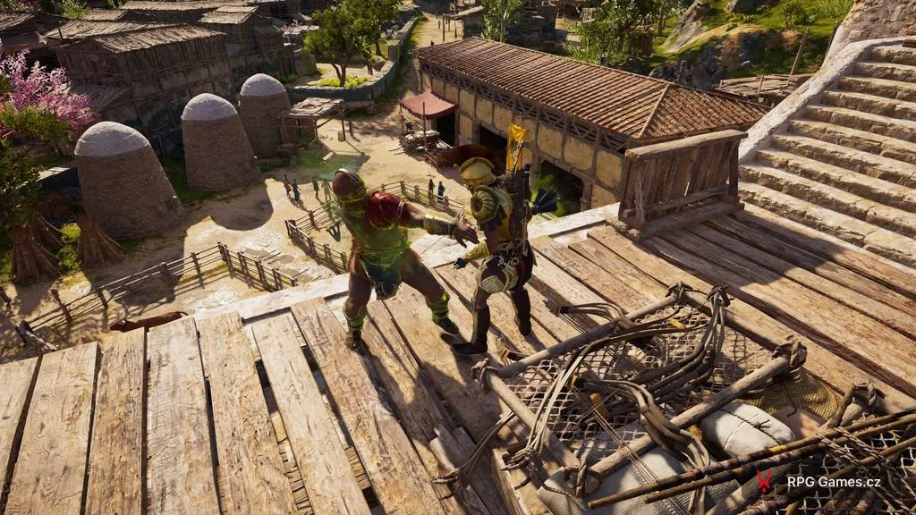 Kassandra v boji se zeleným efektem schopnosti v Assassin's Creed Odyssey