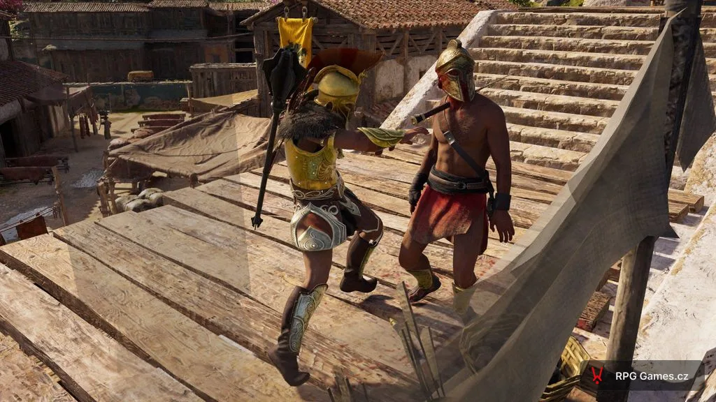 Souboj na blízko na dřevěné plošině v akčním RPG