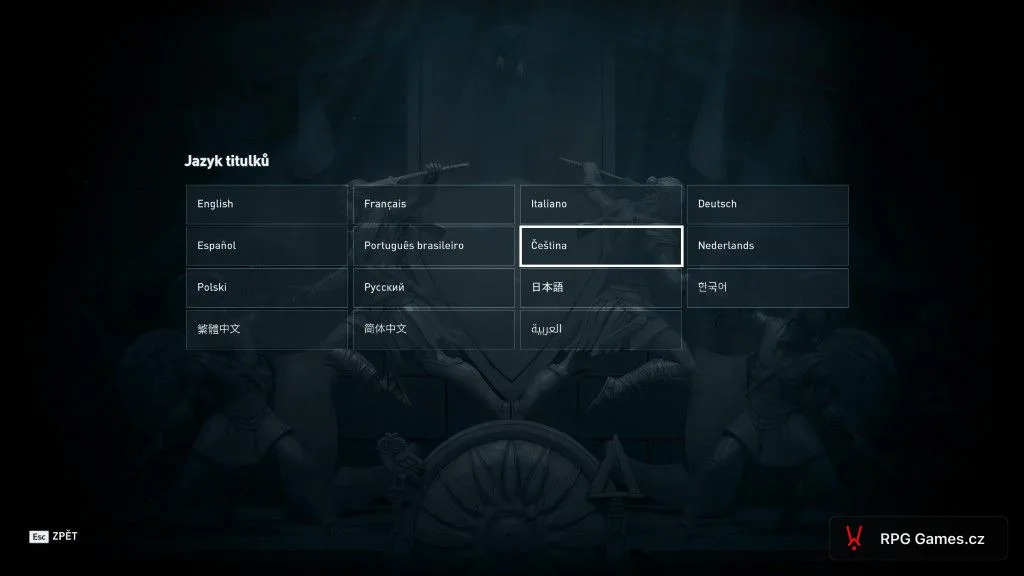 Výber jazyka titulkov v Assassin's Creed Odyssey — zvýraznená čeština