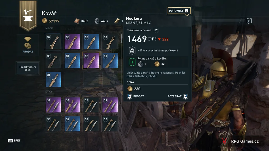 Menu kováře v Assassin's Creed Odyssey, prodej mečů za drachmy