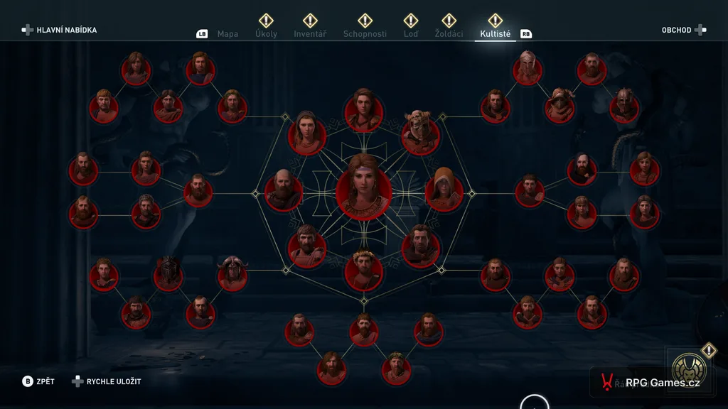 Menu Kultisté v Assassin's Creed Odyssey — strom řádu Kultu Kosmu na mapě