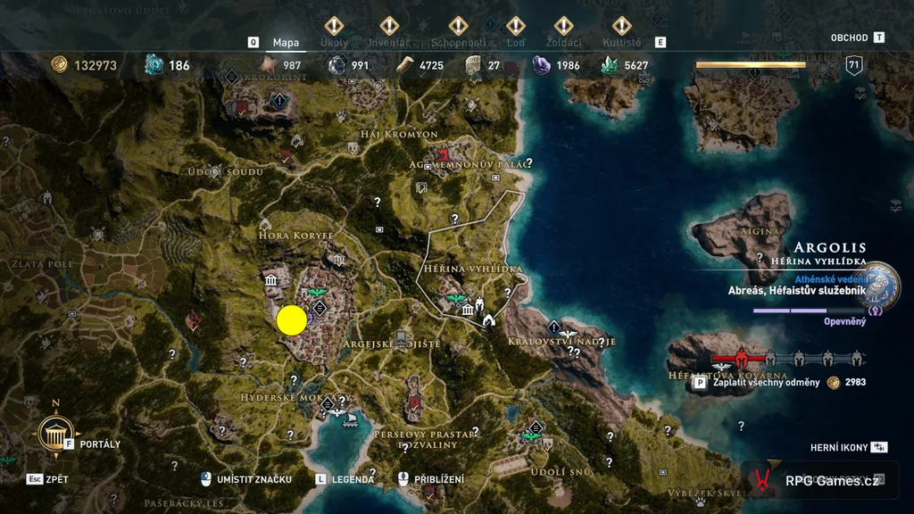 Mapa regionu Argolis s Argosem v Assassin's Creed Odyssey