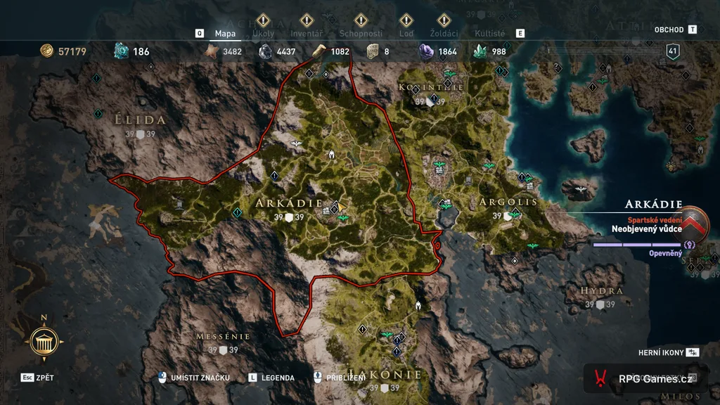 Mapa regionu Arkádie v Assassin's Creed Odyssey — Peloponés během války Spartě a Athén