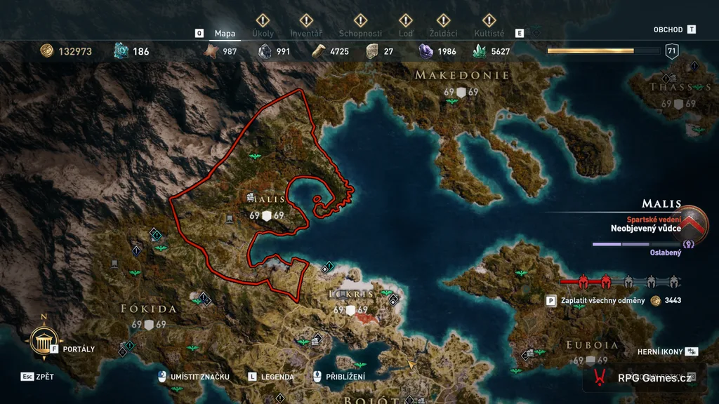 Mapa Assassin's Creed Odyssey — región Malis nad Fókidou, poloha Héfaistovej dielne