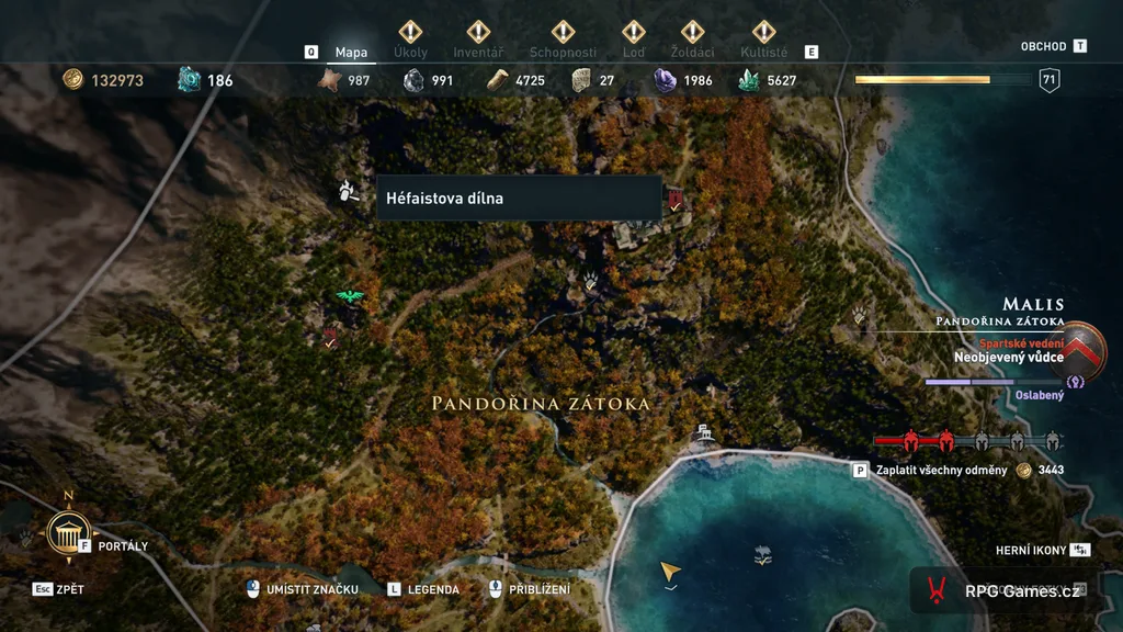 Mapa Pandorinej zátoky v Malis — ikona Héfaistovej dielne v Assassin's Creed Odyssey