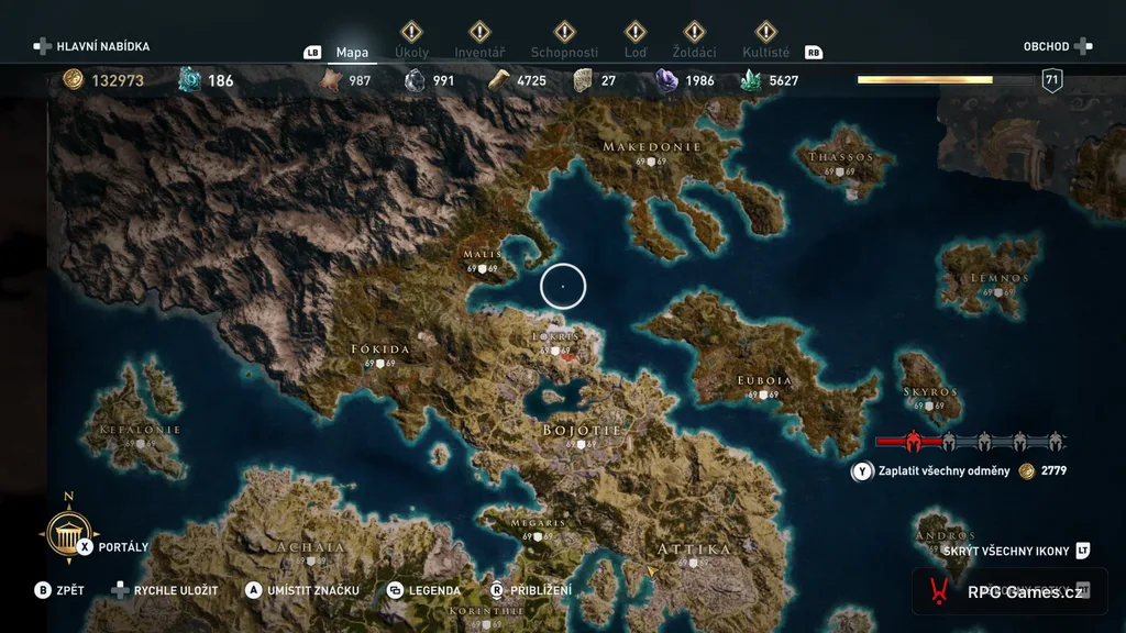 Mapa severního Řecka a ostrovů v Assassin's Creed Odyssey s kontrolou regionů