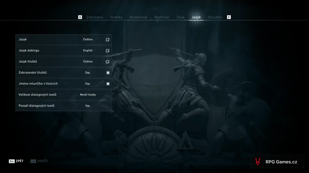 Nastavenie jazyka v Assassin's Creed Odyssey — záložka Jazyk s voľbami pre rozhranie, dabing a titulky
