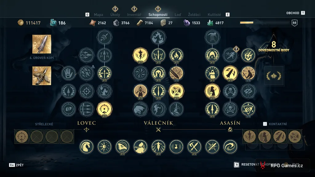 Menu Schopnosti v Assassin's Creed Odyssey — větve Lovec, Válečník a Asasín