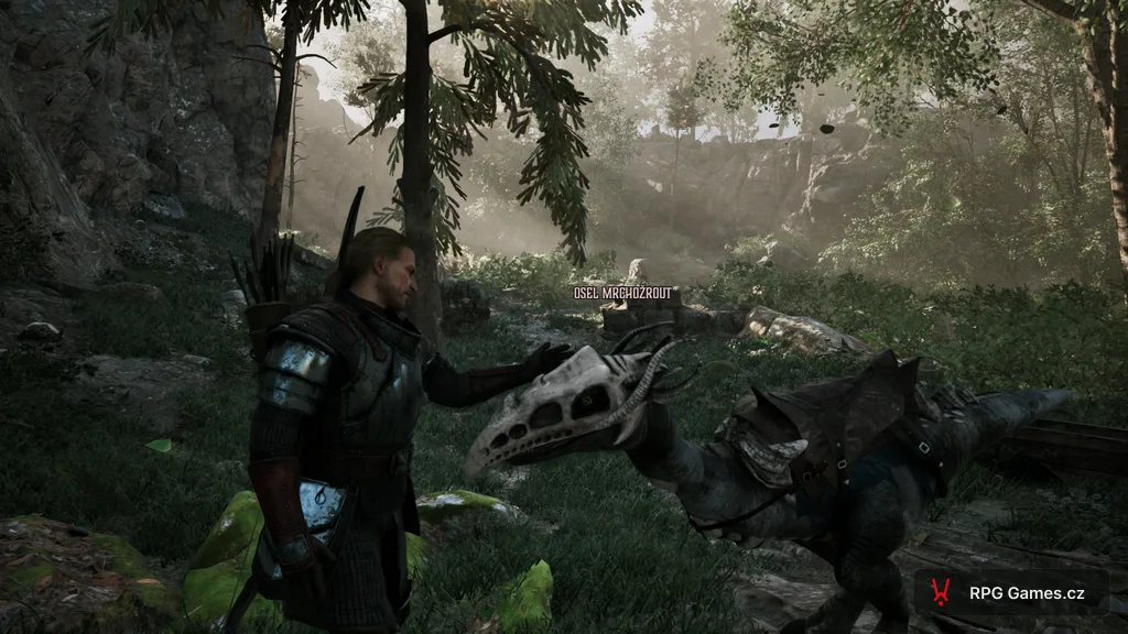 Gothic Remake — the hero pets a saddled scavenger labeled DONKEY SCAVENGER on a forest path