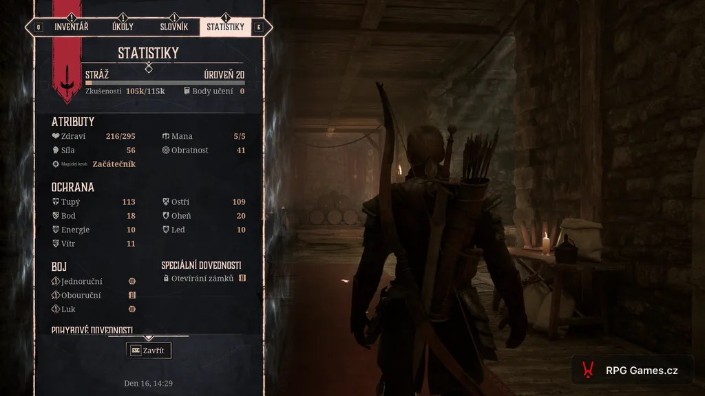 Obrazovka statistik v Gothic Remake — level 20, síla a magická znalost