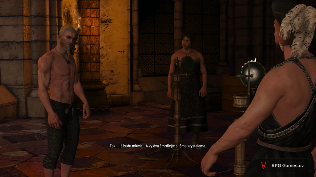 Geralt, Lambert a Eskel u megaskopu v šatech v Kaer Morhen, Zaklínač 3