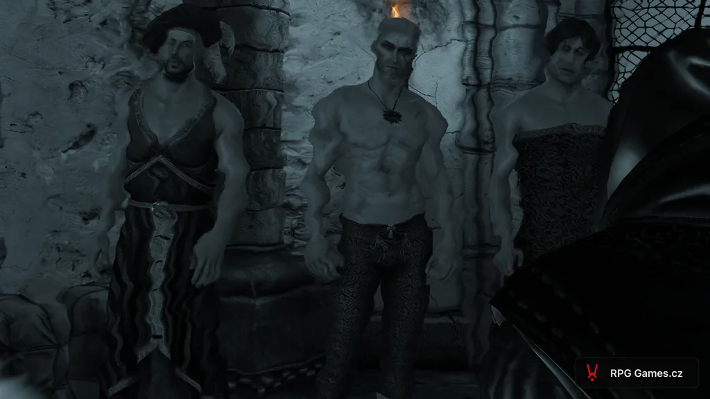 Opilí Geralt, Lambert a Eskel v šatech s rozmazaným obrazem, Zaklínač 3