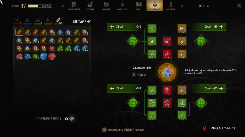 Menu schopností v Remasteru se zelenými mutageny a mutací Zmutovaná kůže u tank buildu