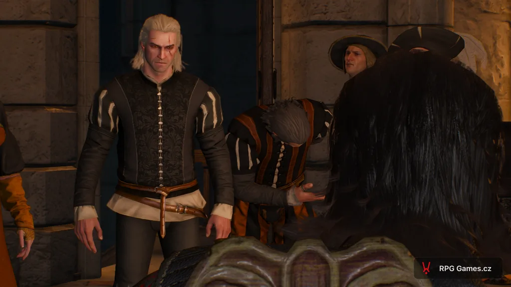 Geralt v dvorských šatech se učí úklon u komořího ve Wyzimě, Zaklínač 3