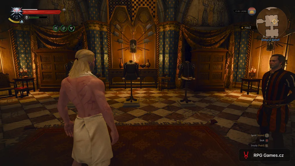 Geralt v ručníku vybírá dvorské šaty u Emhyrova komořího ve Wyzimě, Zaklínač 3