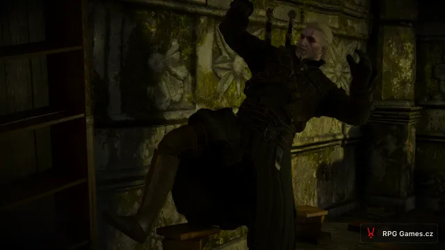 Geralt padá při rozbíjení laboratoře s Ciri, Zaklínač 3