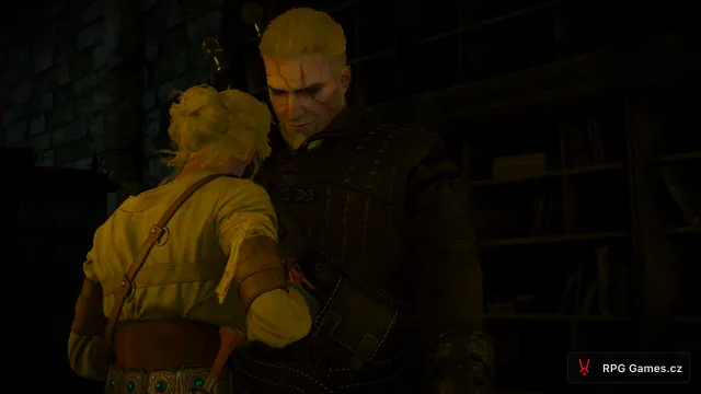 Geralt objímá Ciri po volbě Uklidni se v laboratoři, Zaklínač 3