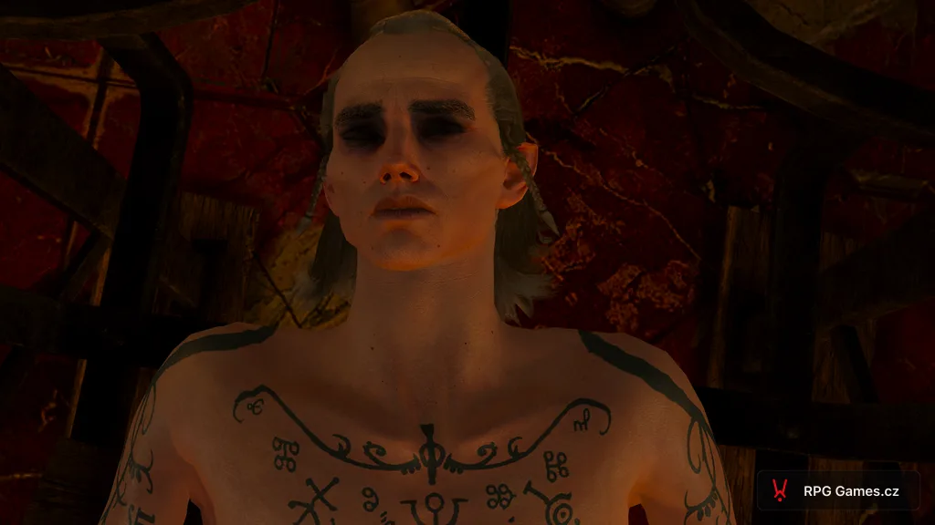 Avallac'h leží na stole po sejmutí kletby z Umy v Kaer Morhen, Zaklínač 3
