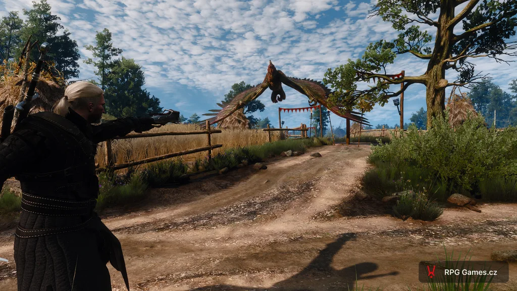Zaklínač 3 — Geralt míří kuší na létajícího baziliška ve vzduchu