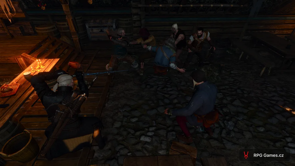 Geralt a Vesemir bijí vlastence v hospodě v Bělosadu, Zaklínač 3