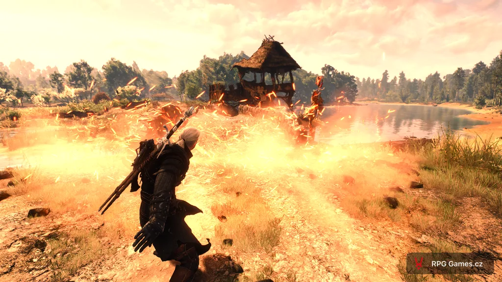 Geralt v boji v hre Zaklínač 3, znamenie Igni pri chatrči na moste v Bielosade