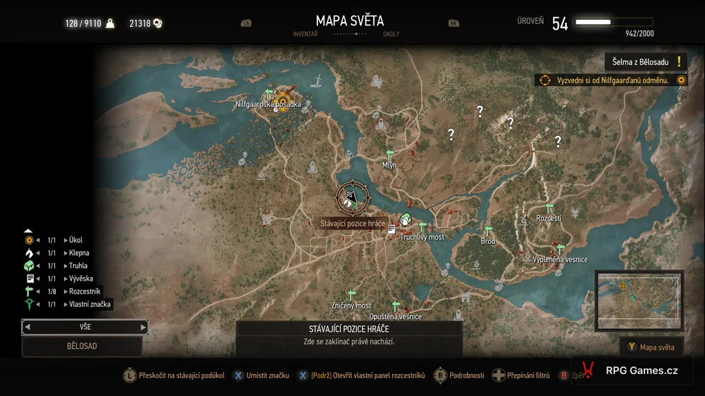 Mapa Bělosadu u Truchlivého mostu ve hře Zaklínač 3
