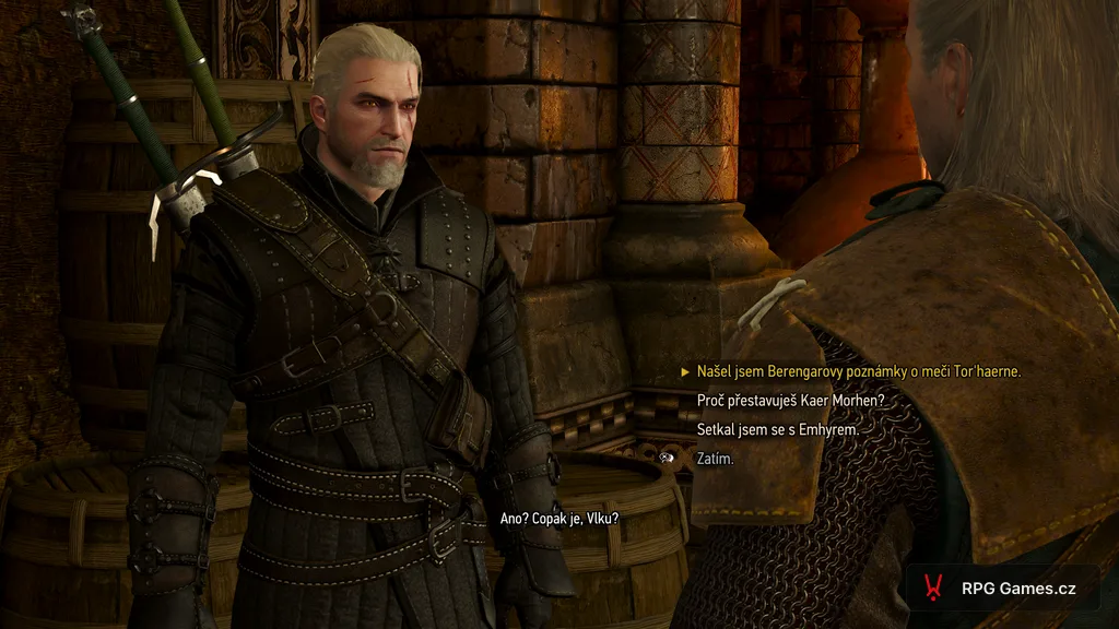 Geralt mluví s Vesemirem o Berengarových poznámkách a meči Tor'haerne, Zaklínač 3