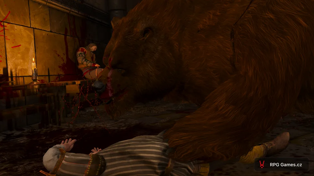Berserk v medvědí podobě nad mrtvým hostem v sále Kaer Trolde — Zaklínač 3