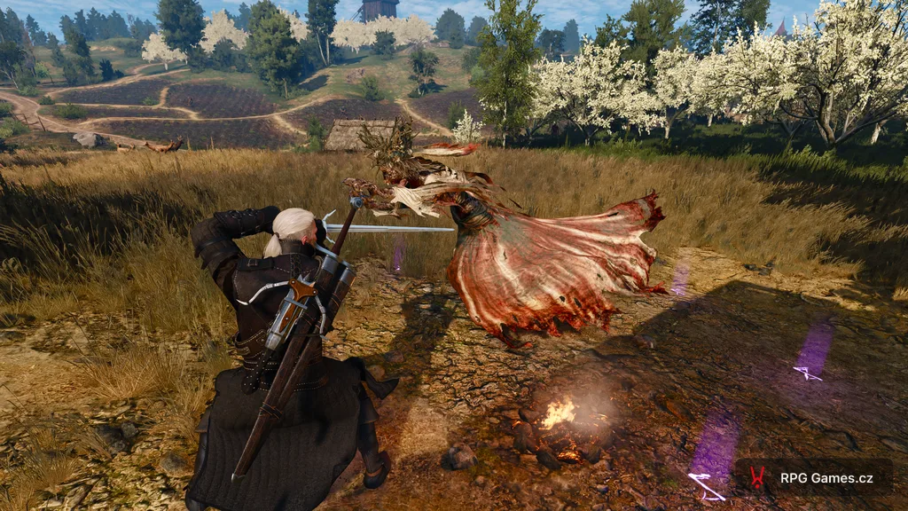 Geralt proti Bílé paní u táboráku v poli u Novigradu, kruh Yrden, Zaklínač 3