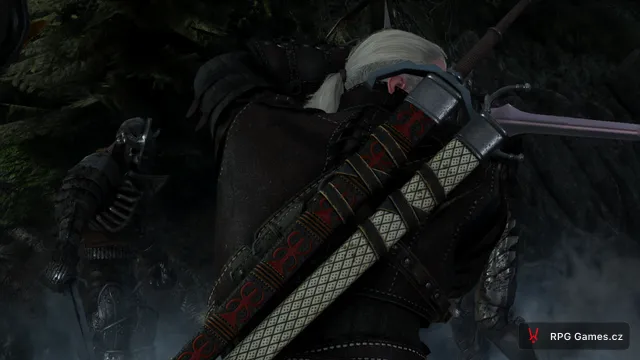 Geralt se zaklínačskými meči v pochvách, v mlze válečník Divokého honu, Zaklínač 3