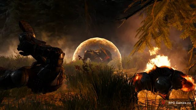 Geralt v kouli Quen, u nohou hoří poražený válečník Divokého honu, Zaklínač 3