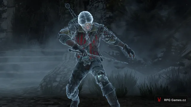 Lambert pokrytý ledovým mrazem v bojovém postoji u Kaer Morhen, Zaklínač 3