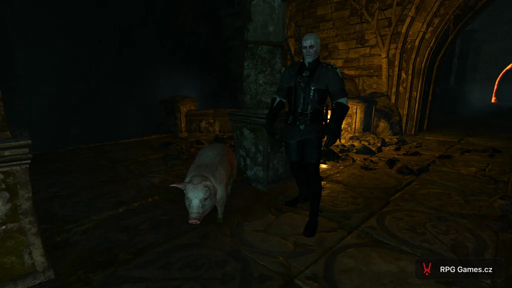 Geralt u prasete Igora v prasečím chrámu u Svoroňe, Zaklínač 3
