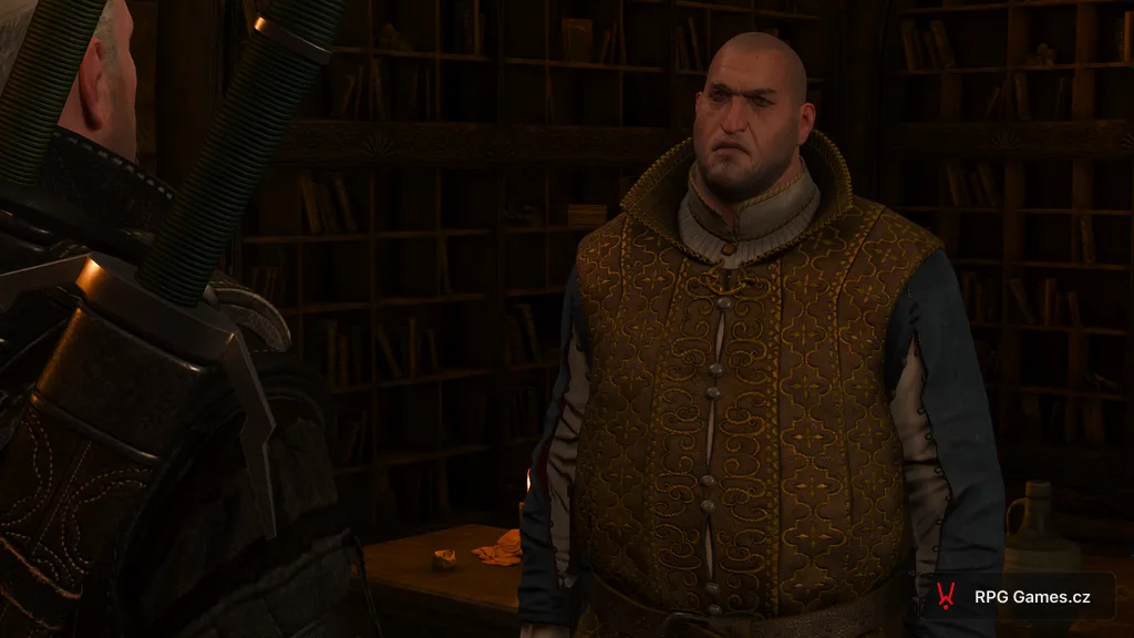 Geralt a Dijkstra v místnosti s knihovnou v Novigradu, Zaklínač 3