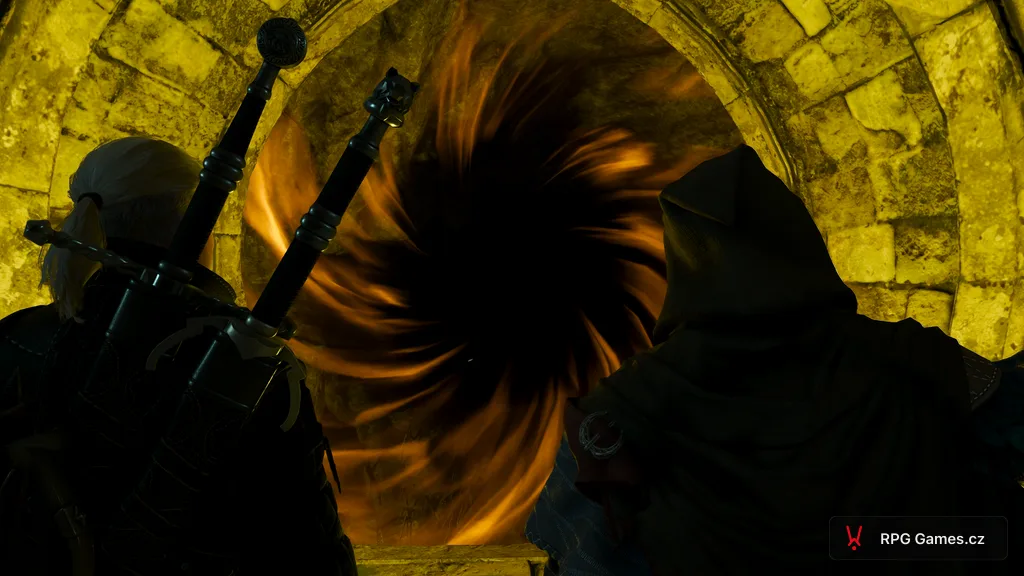 Geralt a Avallac'h před portálem ve Skrze čas a prostor, Zaklínač 3