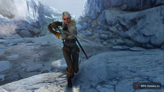 Ciri v bojové pozici na zamrzlé pláni před Caranthirem, Zaklínač 3