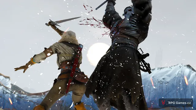 Ciri zasahuje Caranthira mečem během duelu na ledě, Zaklínač 3