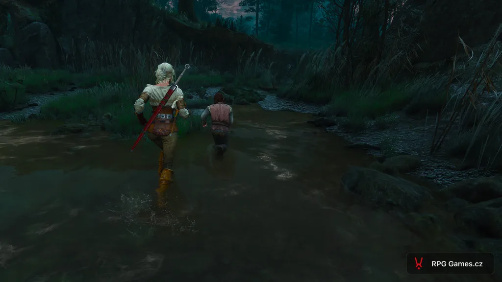 Ciri a Mařenka běžící po kolena ve vodě bažinou ve Velenu, Zaklínač 3