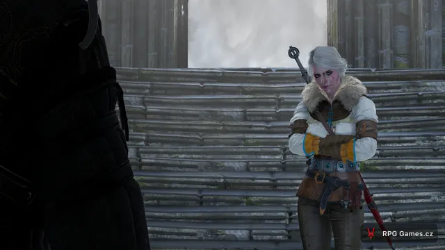 Ciri před portálem věže Tor Gvalch'ca, Geralt v popředí, Zaklínač 3