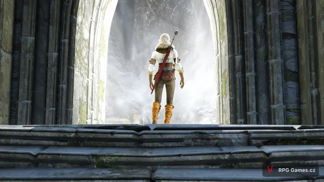 Ciri zády před bílým portálem Bílé zimy ve věži, Zaklínač 3