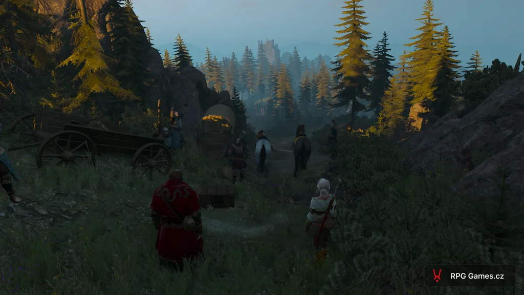Ciri a baron na cestě u koní před startem závodu, Zaklínač 3