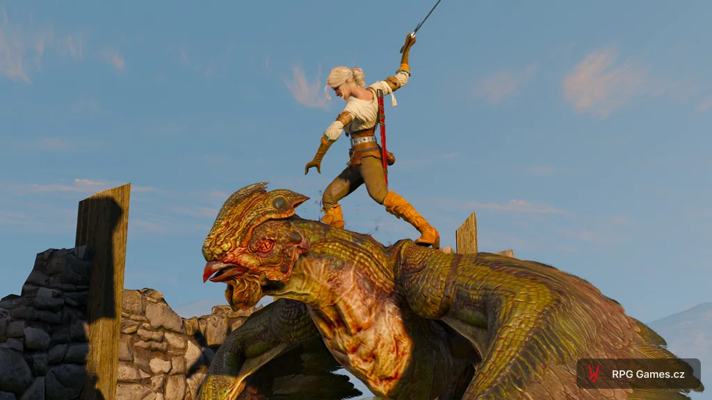 Ciri se mečem na hřbetě baziliška na věži, Zaklínač 3