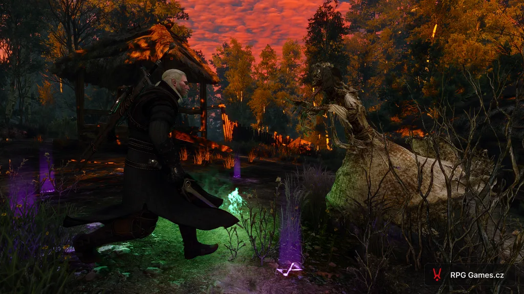 Geralt se stříbrným mečem proti ďáblu u studny na cestě při západu slunce — Zaklínač 3