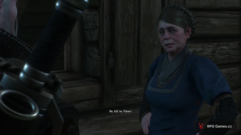Dialog Geralta se starou ženou u chaty v Bělosadu, úkol s pánví