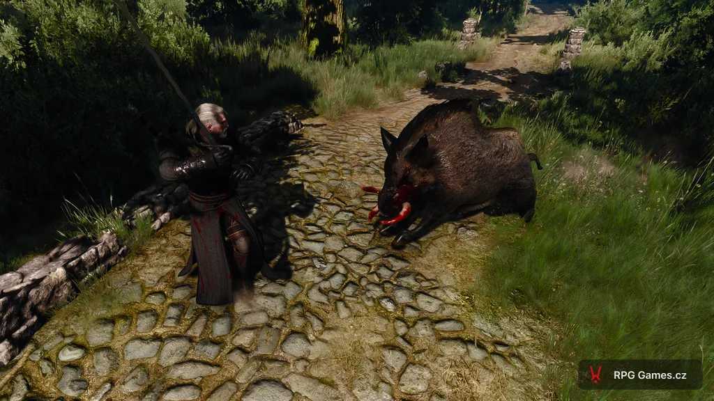 Geralt s mečem proti divočákovi na kamenné cestě — kanec s krvavými kly, Zaklínač 3