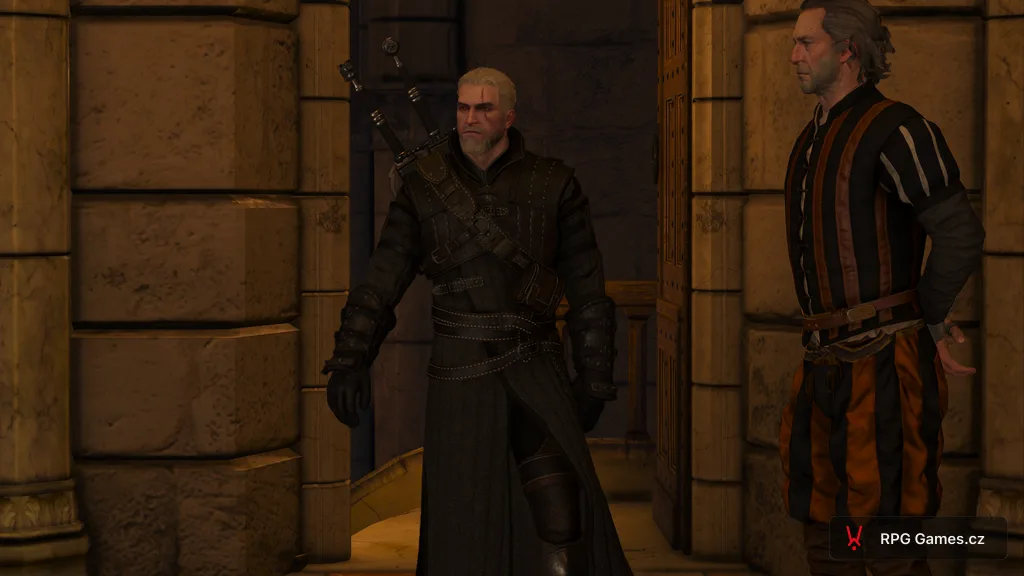Geralt vchází do paláce ve Vizimě před audience u císaře, Zaklínač 3